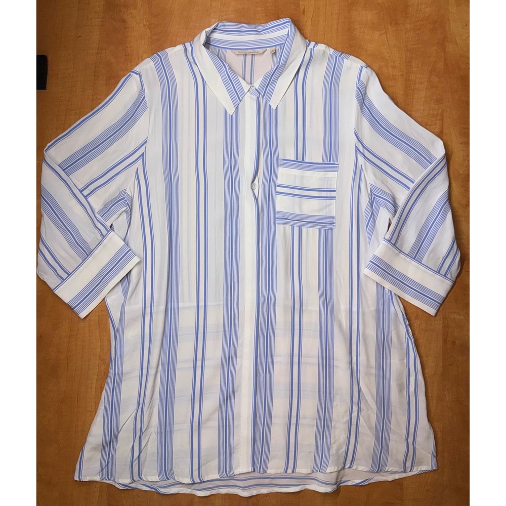 Soft Surroundings Blue White Striped Tunic Blouse 3/4 Sleeve Viscose Large